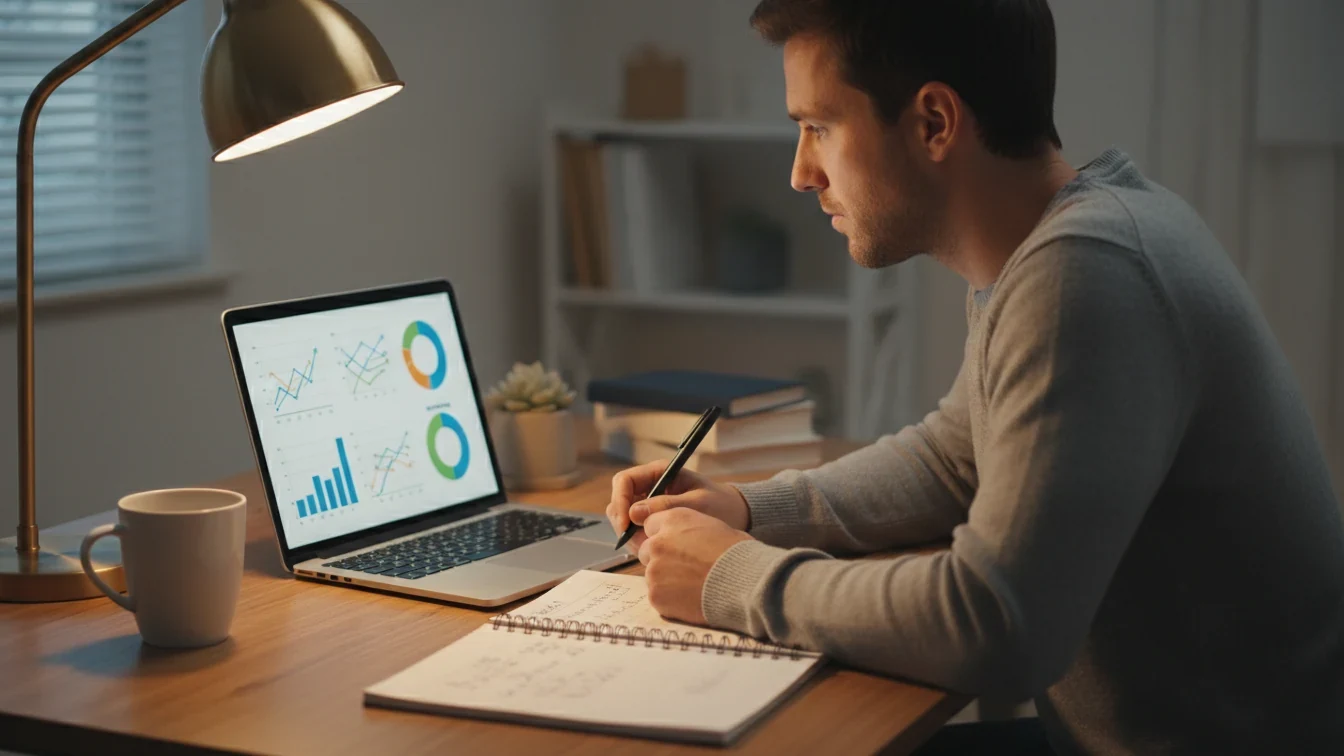 Člověk analyzující fotbalové statistiky na notebooku