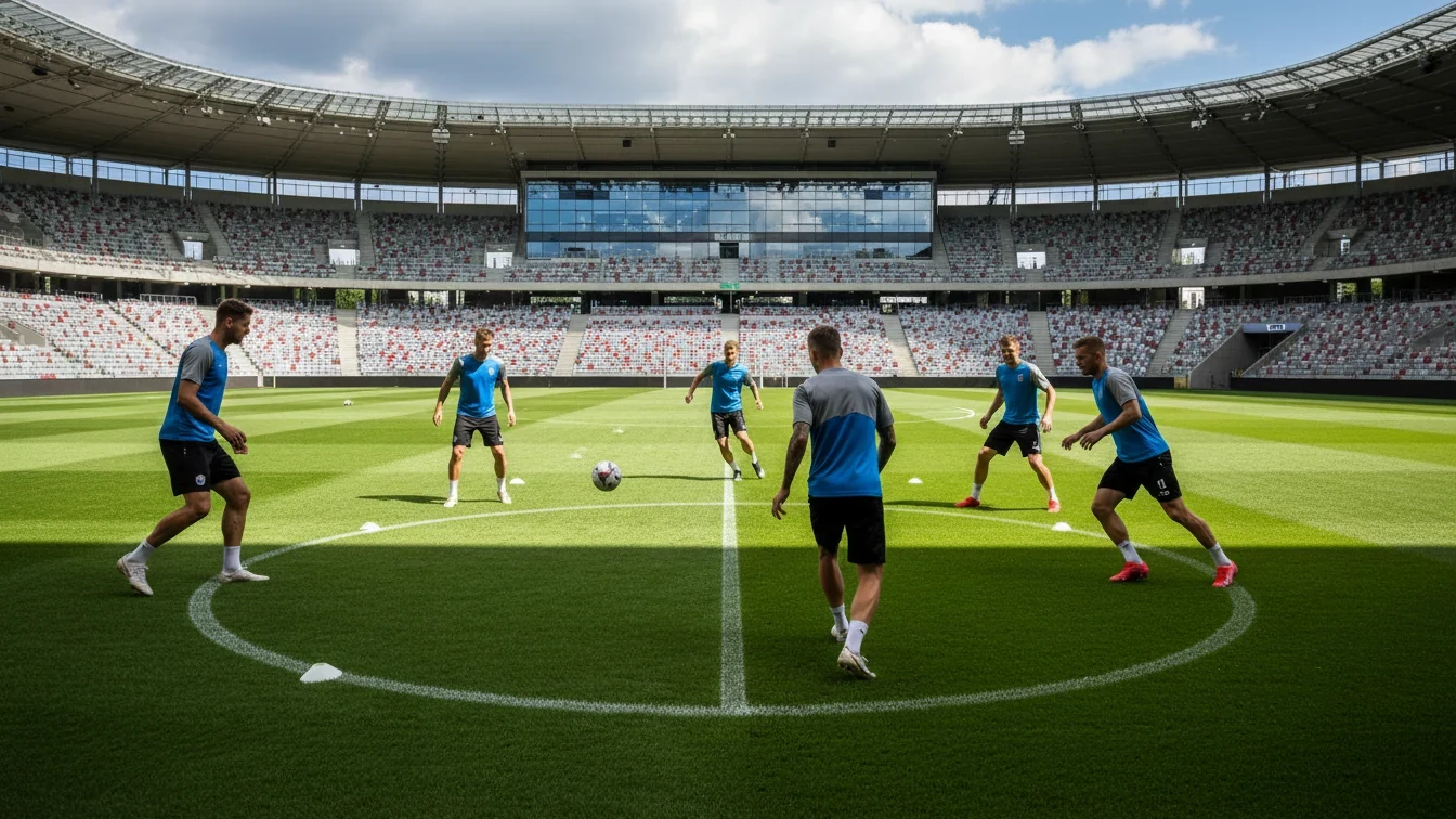 Fotbaloví hráči během tréninku na českém stadionu