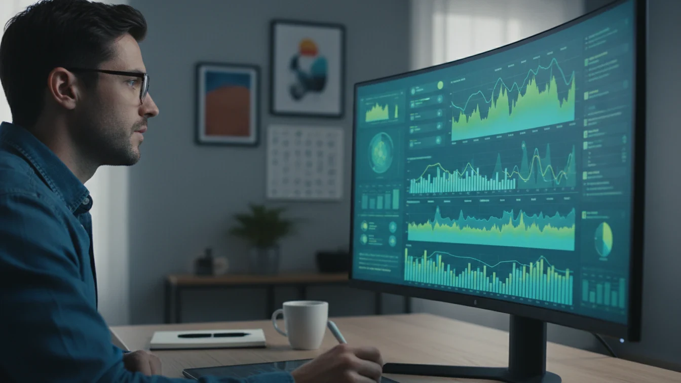 Osoba analyzující fotbalové statistiky na obrazovce počítače