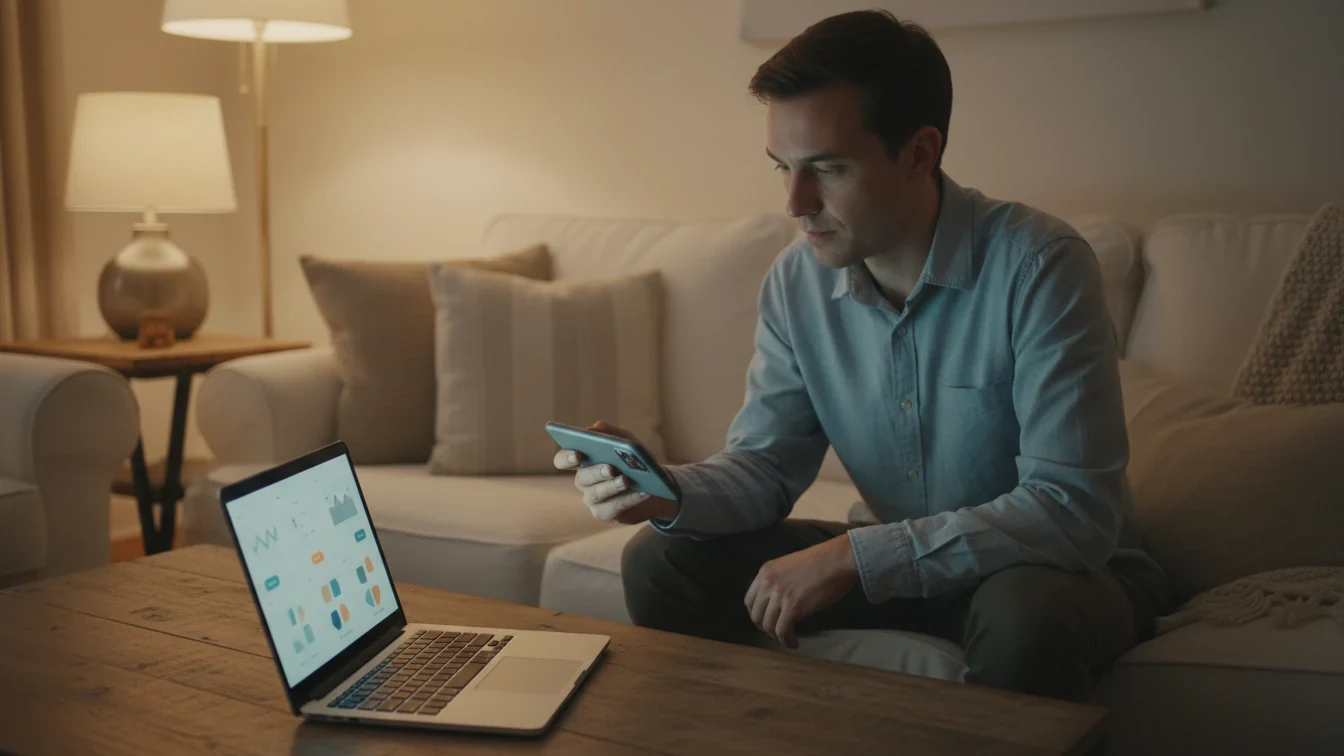 Osoba porovnávající nabídky na mobilu a notebooku